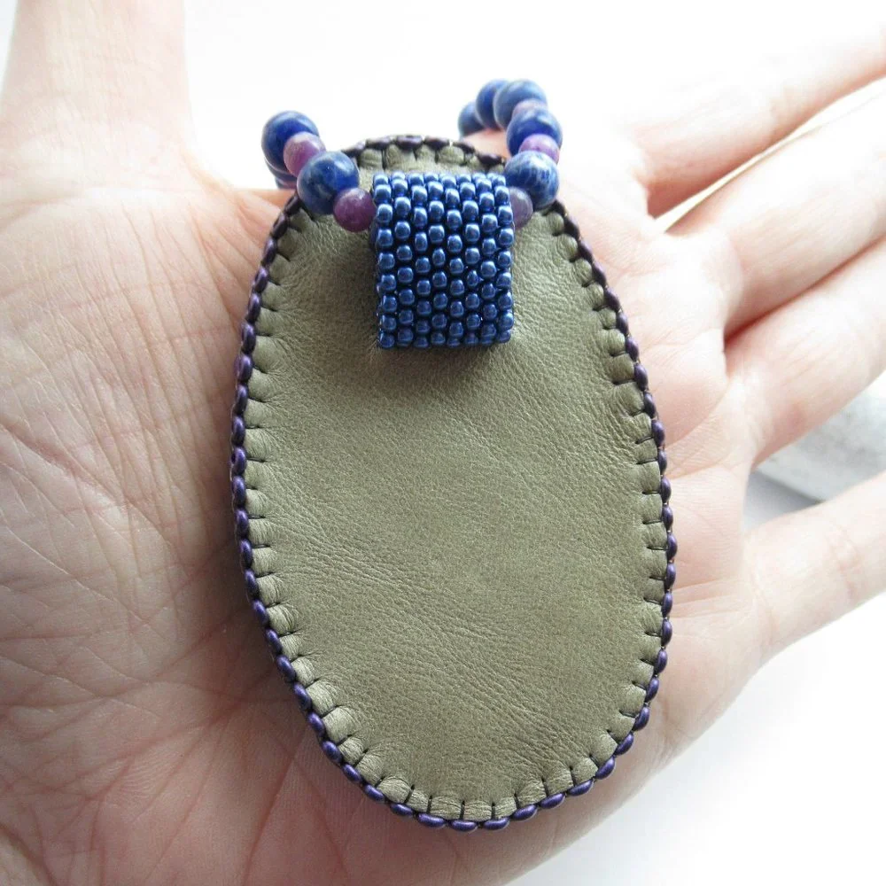 Artisan Bead embroidered cabochon on Sodalite and Lepidolite necklace